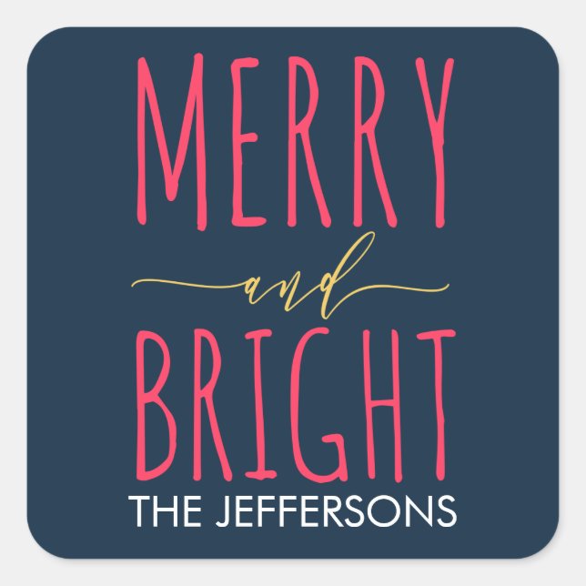 Modern Merry and Bright Navy Blue Personalise Square Sticker (Front)