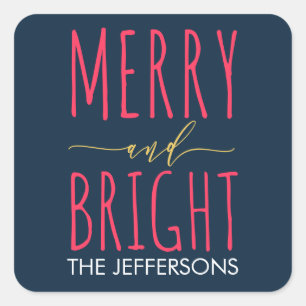 Modern Merry and Bright Navy Blue Personalise Square Sticker