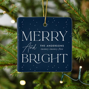 Modern Merry and Bright Navy Photo Ceramic Ornament