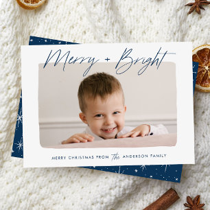 Modern Merry and Bright Navy Script Photo Holiday Card