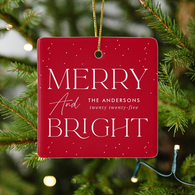 Modern Merry and Bright Red Photo Ceramic Ornament (Creator Uploaded)