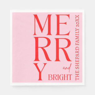 Modern Merry and Bright Red Pink Christmas Napkin