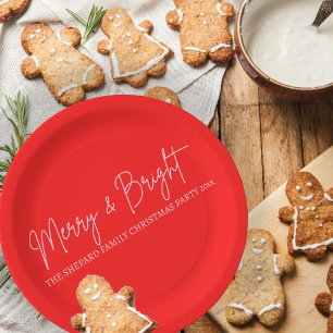 Modern Merry and Bright Red Pink Christmas  Paper Paper Plate