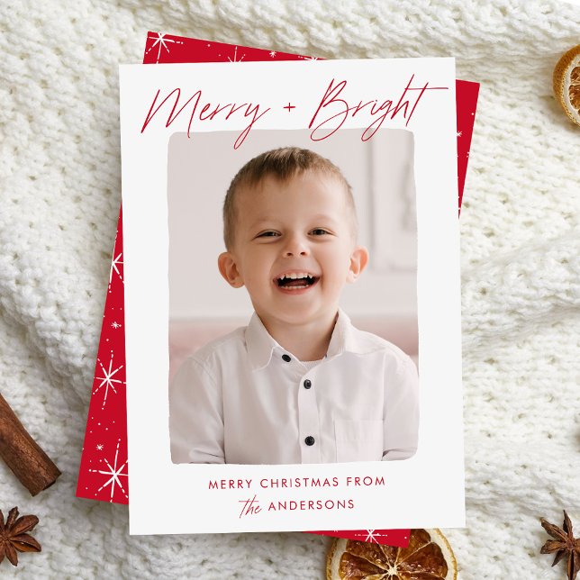 Modern Merry and Bright Red Script Photo Holiday Card (Creator Uploaded)