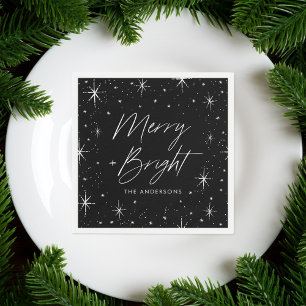 Modern Merry and Bright Script Black Holiday Napkin