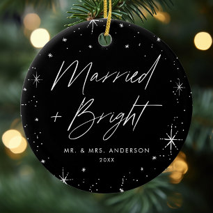 Modern Merry and Bright Script Black Photo Ceramic Tree Decoration