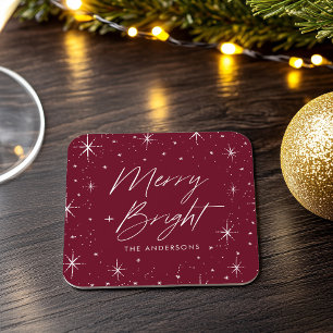 Modern Merry and Bright Script Burgundy Holiday Square Paper Coaster