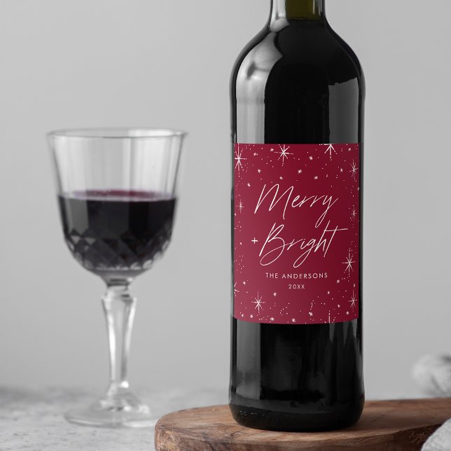 Modern Merry and Bright Script Burgundy Holiday Wine Label (Creator Uploaded)