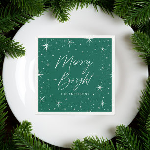 Modern Merry and Bright Script Green Holiday Napkin