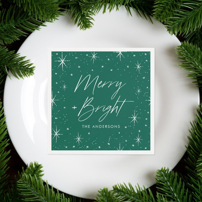 Modern Merry and Bright Script Green Holiday Napkin (Creator Uploaded)