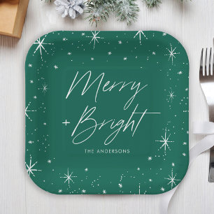 Modern Merry and Bright Script Green Holiday Paper Plate