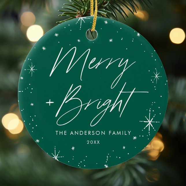 Modern Merry and Bright Script Green Photo Ceramic Tree Decoration (Creator Uploaded)