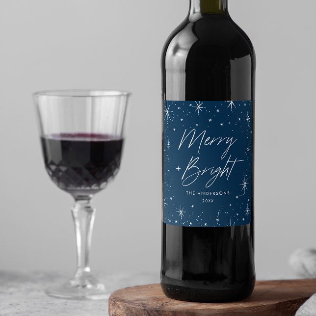 Modern Merry and Bright Script Navy Blue Holiday Wine Label (Creator Uploaded)