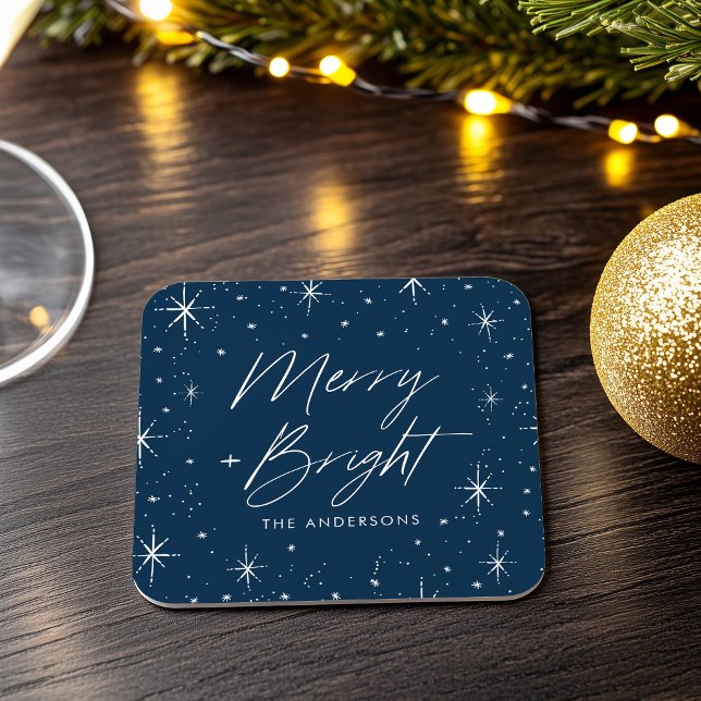 Modern Merry and Bright Script Navy Holiday Square Paper Coaster (Creator Uploaded)