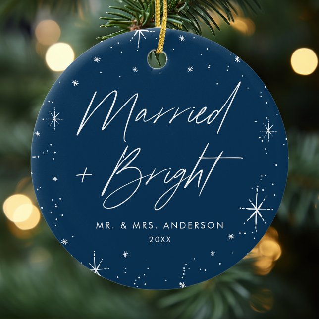 Modern Merry and Bright Script Navy Photo Ceramic Tree Decoration (Creator Uploaded)