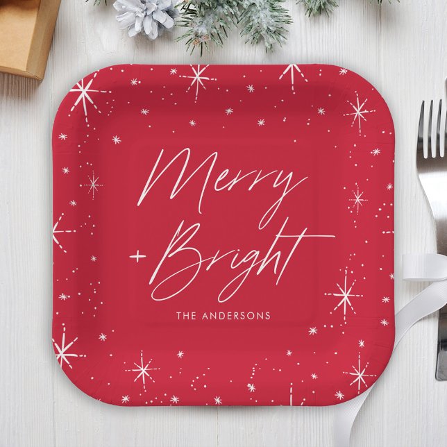 Modern Merry and Bright Script Red Holiday Paper Plate (Creator Uploaded)