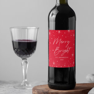 Modern Merry and Bright Script Red Holiday Wine Label