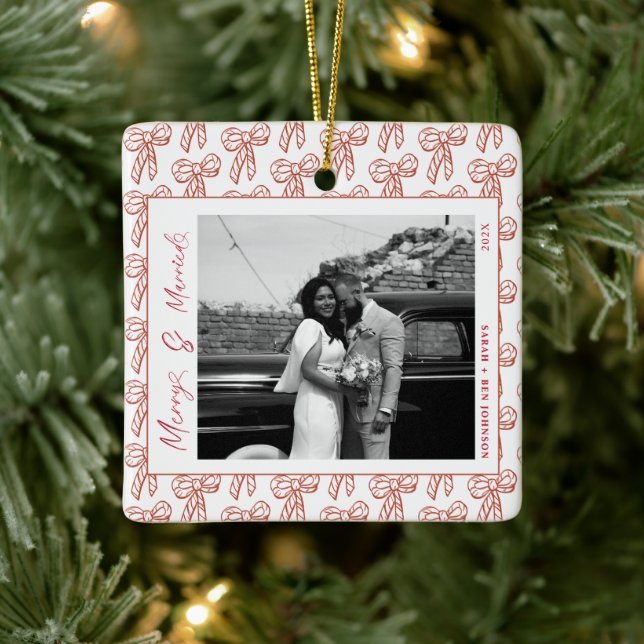 Modern Merry and Married Newlywed Bow Christmas Ceramic Ornament (Tree)