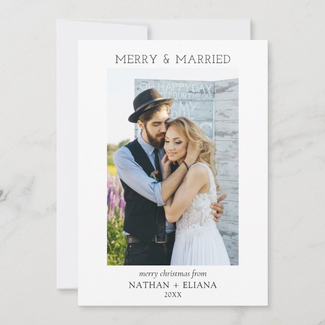 Modern Merry and Married Newlywed Photo Holiday Card (Front)
