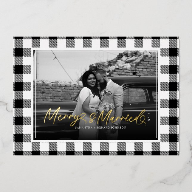 Modern Merry and Married Newlywed Plaid Christmas (Front)