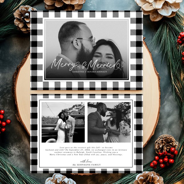 Modern Merry and Married Newlywed Plaid Christmas Holiday Card (Creator Uploaded)