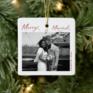 Modern Merry and Married Newlywed Script Christmas Ceramic Ornament