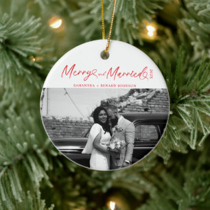 Modern Merry and Married Newlywed Script Christmas Ceramic Tree Decoration