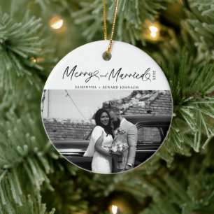 Modern Merry and Married Newlywed Script Christmas Ceramic Tree Decoration