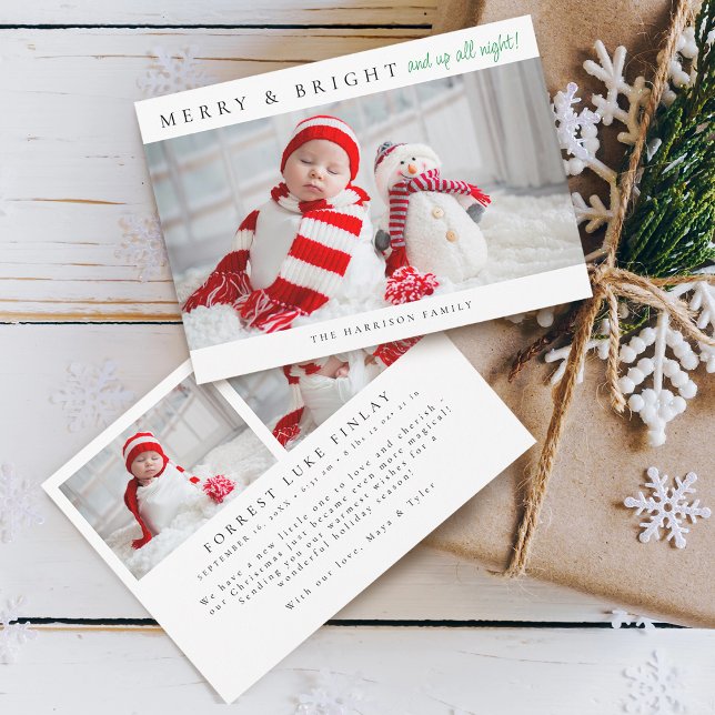 Modern Merry & Bright Birth Stats Photos Holiday Card (Modern Merry & Bright And Up All Night Birth Stats Photos Holiday Card)