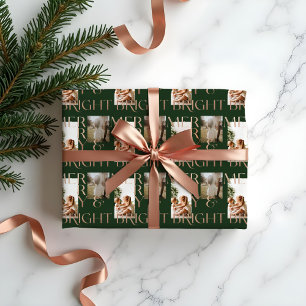 Modern Merry Bright Bold Typography 2 Photo Green Wrapping Paper