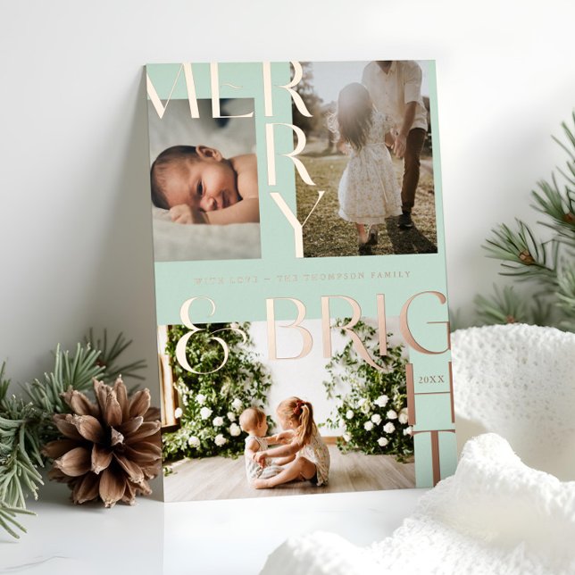 Modern Merry & Bright Bold Typography 3 Photo Mint (Modern Merry & Bright Bold Typography 3 Photo Mint Foil Holiday Card)