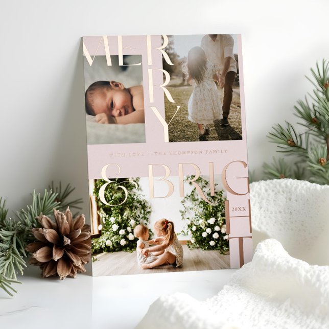 Modern Merry & Bright Bold Typography 3 Photo Pink (Modern Merry & Bright Bold Typography 3 Photo Pink Foil Holiday Card)
