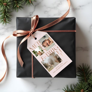 Modern Merry Bright Bold Typography 3 Photo Pink Gift Tags