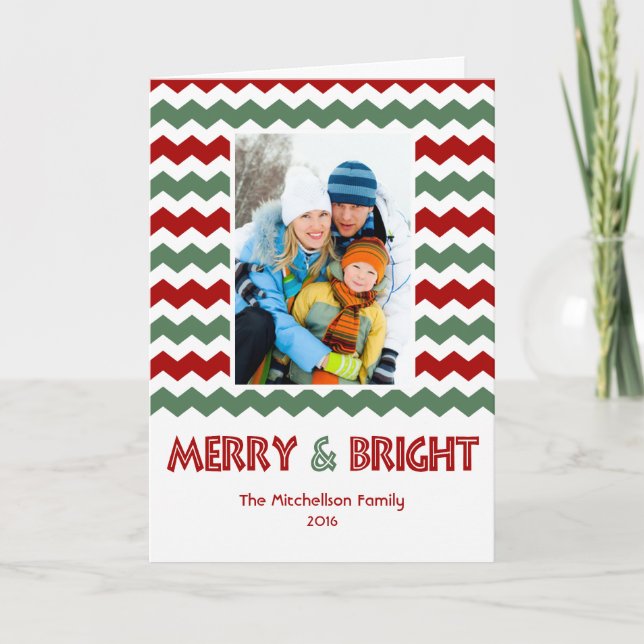 Modern MERRY BRIGHT Chevron Holiday Card (Front)