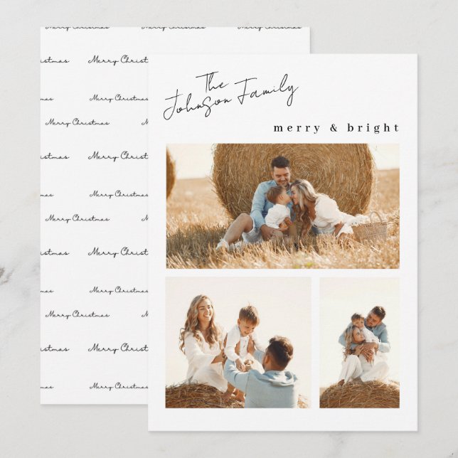 Modern Merry & Bright Christmas Family two Photo  Holiday Card (Front/Back)