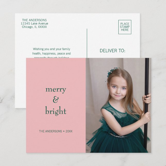 Modern Merry & Bright Christmas Green & Pink  Holiday Postcard (Front/Back)