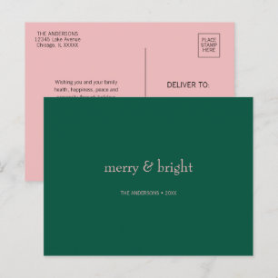 Modern Merry & Bright Christmas Green & Pink  Holiday Postcard