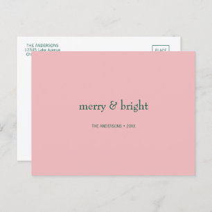Modern Merry & Bright Christmas Green & Pink  Holiday Postcard