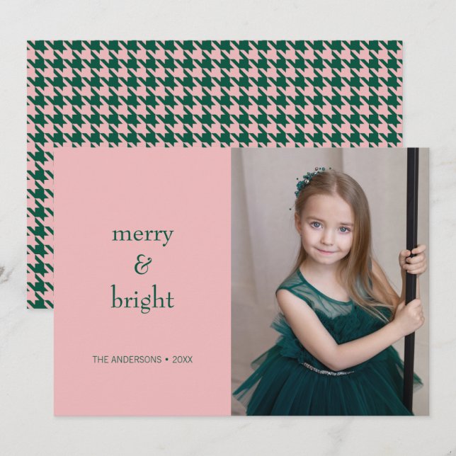 Modern Merry & Bright Christmas Green & Pink Photo Holiday Card (Front/Back)