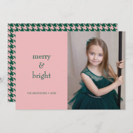 Modern Merry & Bright Christmas Green & Pink Photo Holiday Card