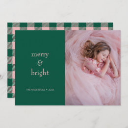 Modern Merry & Bright Christmas Green & Pink Photo Holiday Card