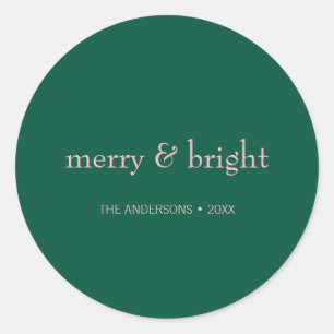 Modern Merry & Bright Christmas Holiday Green Pink Classic Round Sticker