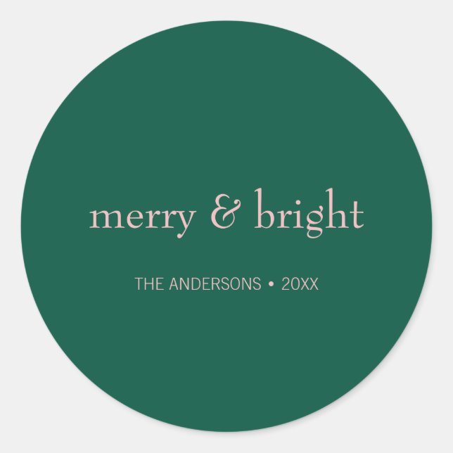 Modern Merry & Bright Christmas Holiday Green Pink Classic Round Sticker (Front)