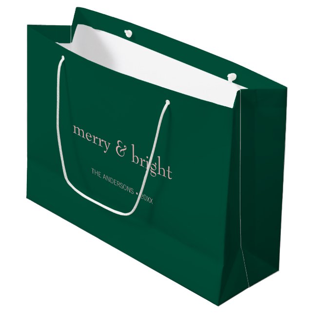 Modern Merry & Bright Christmas Holiday Green Pink Large Gift Bag (Front Angled)