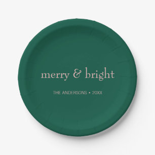 Modern Merry & Bright Christmas Holiday Green Pink Paper Plate
