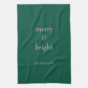 Modern Merry & Bright Christmas Holiday Green Pink Tea Towel