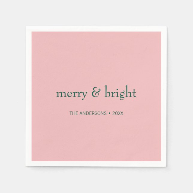 Modern Merry & Bright Christmas Holiday Pink Green Napkin (Front)