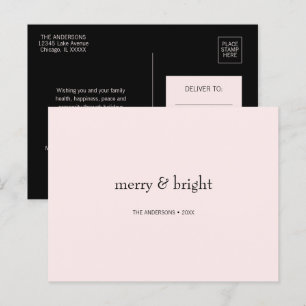 Modern Merry & Bright Christmas Pink and Black Holiday Postcard