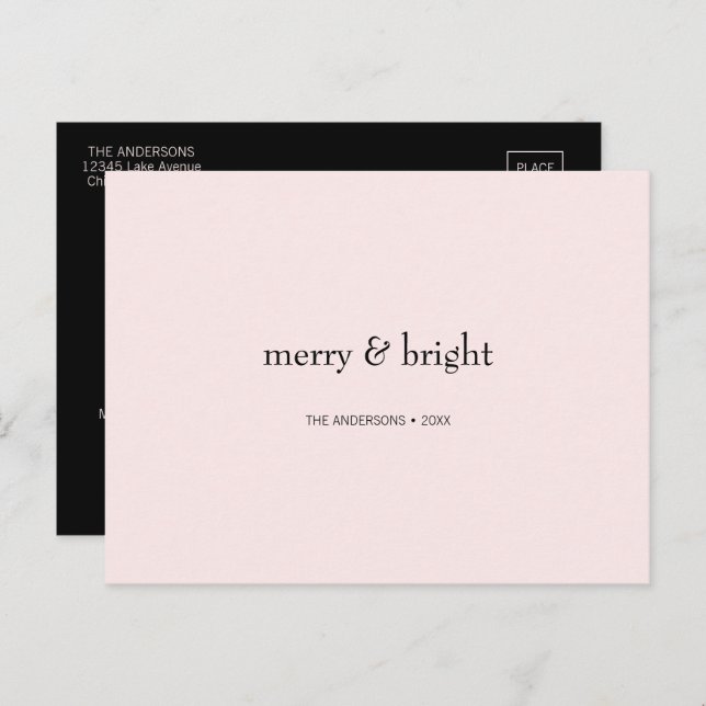 Modern Merry & Bright Christmas Pink and Black Holiday Postcard (Front/Back)