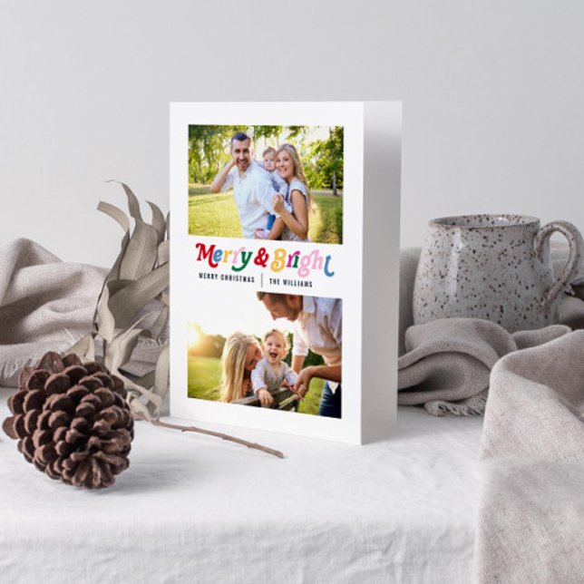 Modern Merry & Bright Colourful Bright 2 Photo Card (Get into the holiday spirit with a heartfelt folded christmas card! 🎅)